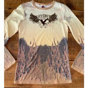 Womens Harley Davidson Yellow Fire Flame Long Sleeve Graphic Tee El Paso Texas S